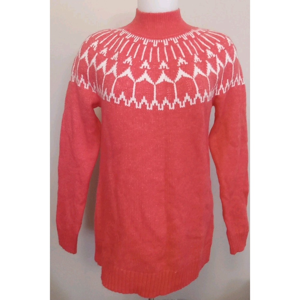 Talbots Women Coral Orange White Wool Blend Mock Neck Pattern Sweater Size XS